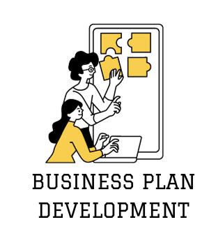 Two people putting together a puzzle, underneath is written "Business Plan Development".