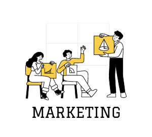 Three people showcasing their work, underneath is written "Marketing".