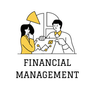 Two people looking at a pie chart and a bar chart, underneath is written "Financial Management".