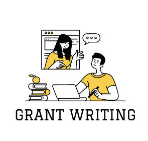 Two people discussing with laptop and books around them, underneath is written " Grant Writing".